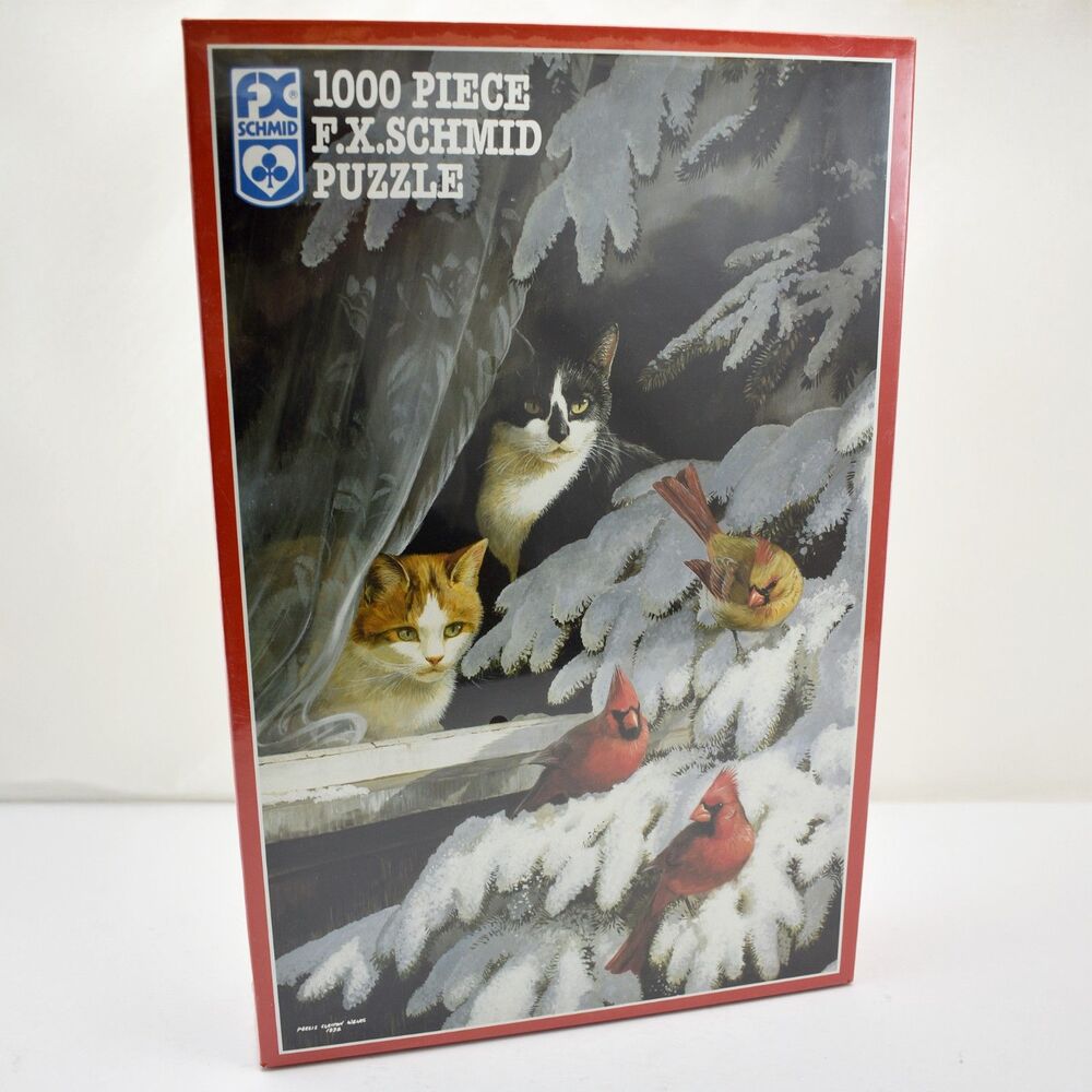 Vintage F.X. Schmid Birdwatchers 1000 Piece Puzzle Cats Cardinals New Sealed